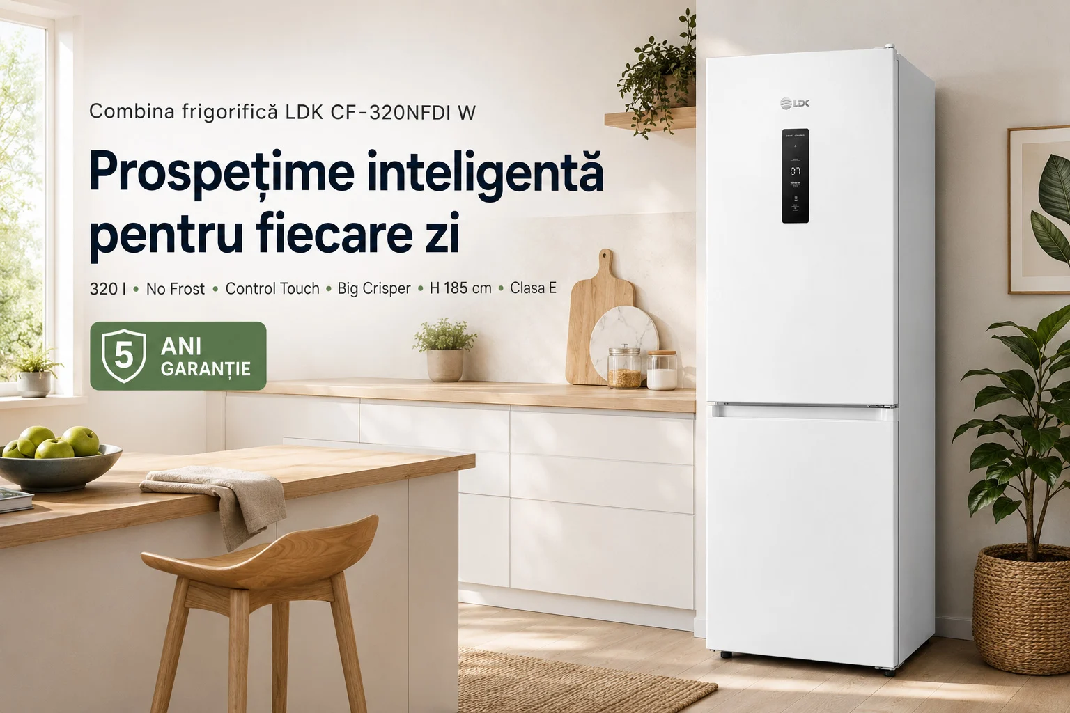 Combina frigorifica LDK CF-320NFDI W 320 L No Frost 5 ani garantie Combina frigorifica LDK CF-320NFDI W, Capacitate 320 l, No Frost, Control Touch, Big Crisper, H 185 cm, Clasa E, Alb