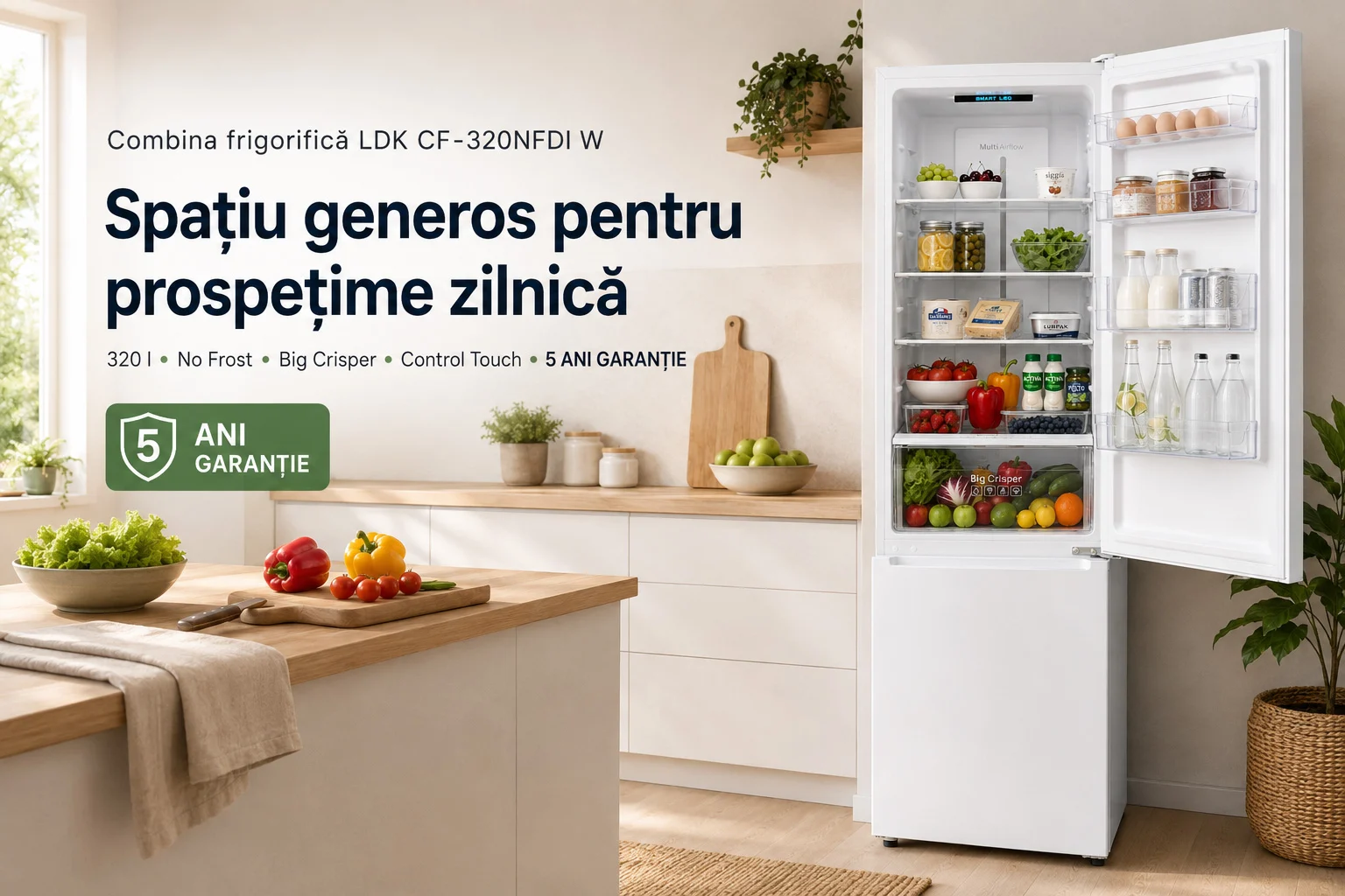 Spatiu generos si prospetime zilnica LDK CF-320NFDI W Combina frigorifica LDK CF-320NFDI W, Capacitate 320 l, No Frost, Control Touch, Big Crisper, H 185 cm, Clasa E, Alb