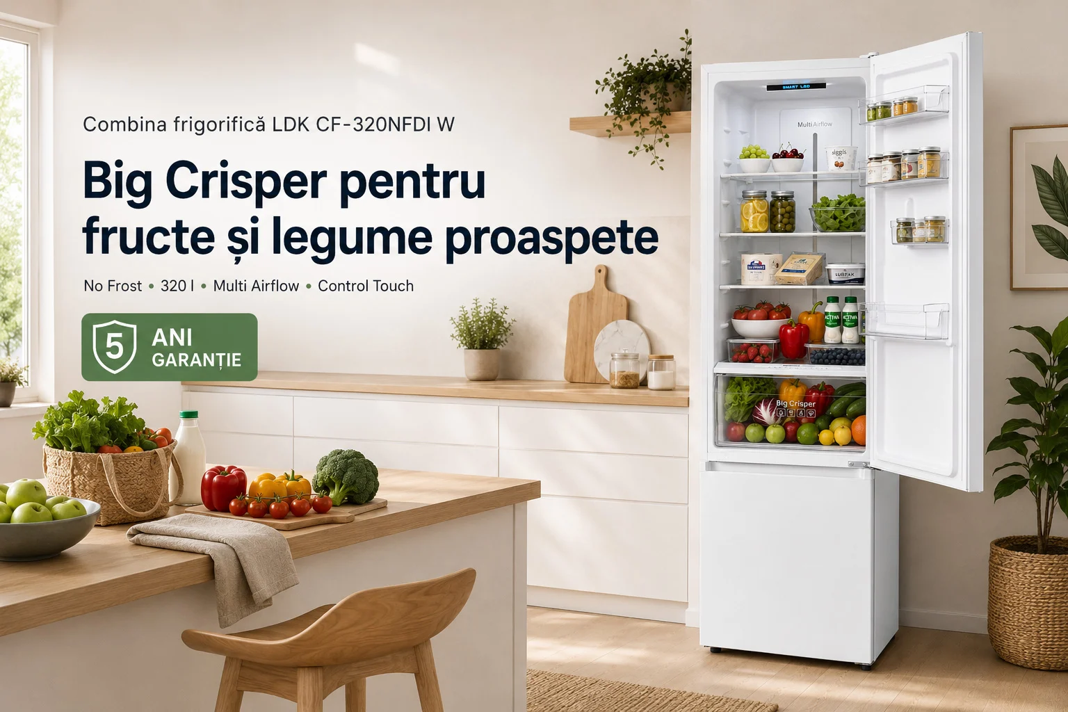 Big Crisper pentru fructe si legume LDK CF-320NFDI W Combina frigorifica LDK CF-320NFDI W, Capacitate 320 l, No Frost, Control Touch, Big Crisper, H 185 cm, Clasa E, Alb