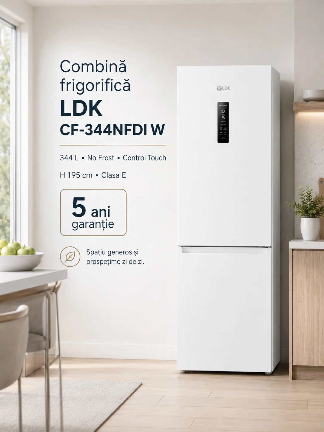 Combina frigorifica LDK CF-344NFDI W alba 344 L No Frost Combina frigorifica LDK CF-344NFDI W, Capacitate 344 l, No Frost, Control Touch, H 195 cm, Clasa E, Alb