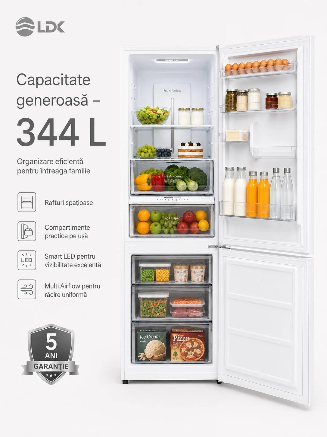 Capacitate generoasa 344 L LDK CF-344NFDI W Combina frigorifica LDK CF-344NFDI W, Capacitate 344 l, No Frost, Control Touch, H 195 cm, Clasa E, Alb