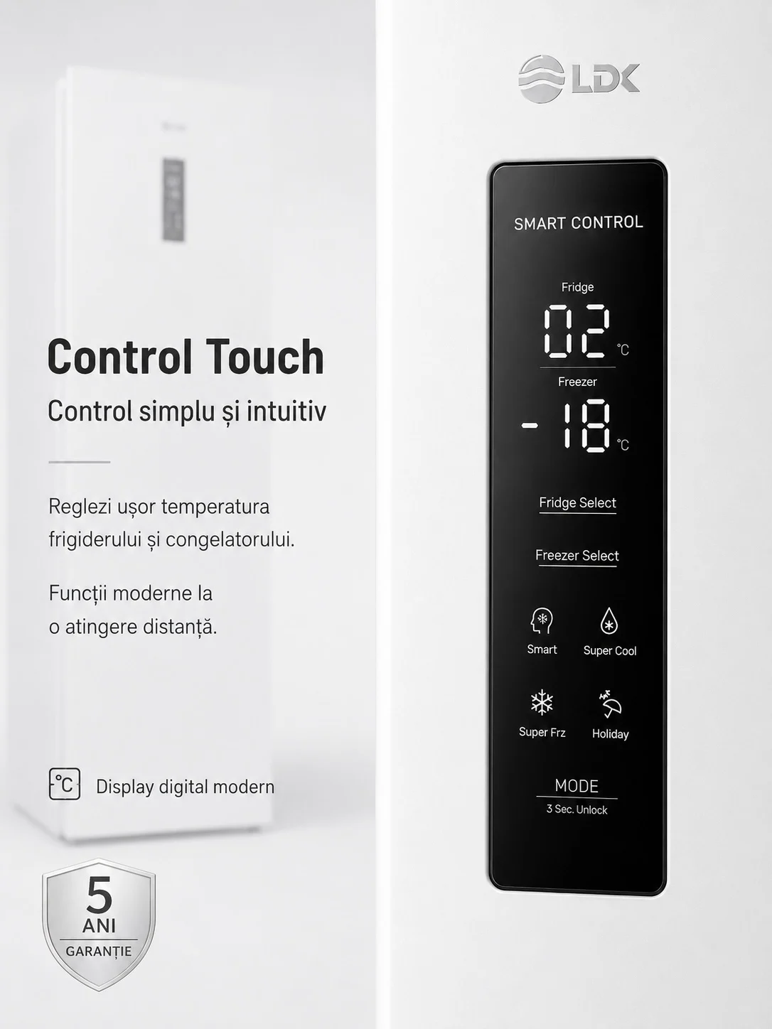 Control Touch LDK CF-344NFDI W Combina frigorifica LDK CF-344NFDI W, Capacitate 344 l, No Frost, Control Touch, H 195 cm, Clasa E, Alb
