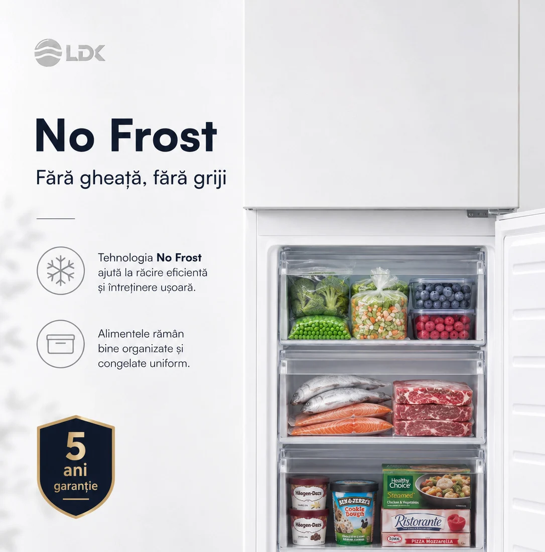 No Frost LDK CF-344NFDI W Combina frigorifica LDK CF-344NFDI W, Capacitate 344 l, No Frost, Control Touch, H 195 cm, Clasa E, Alb