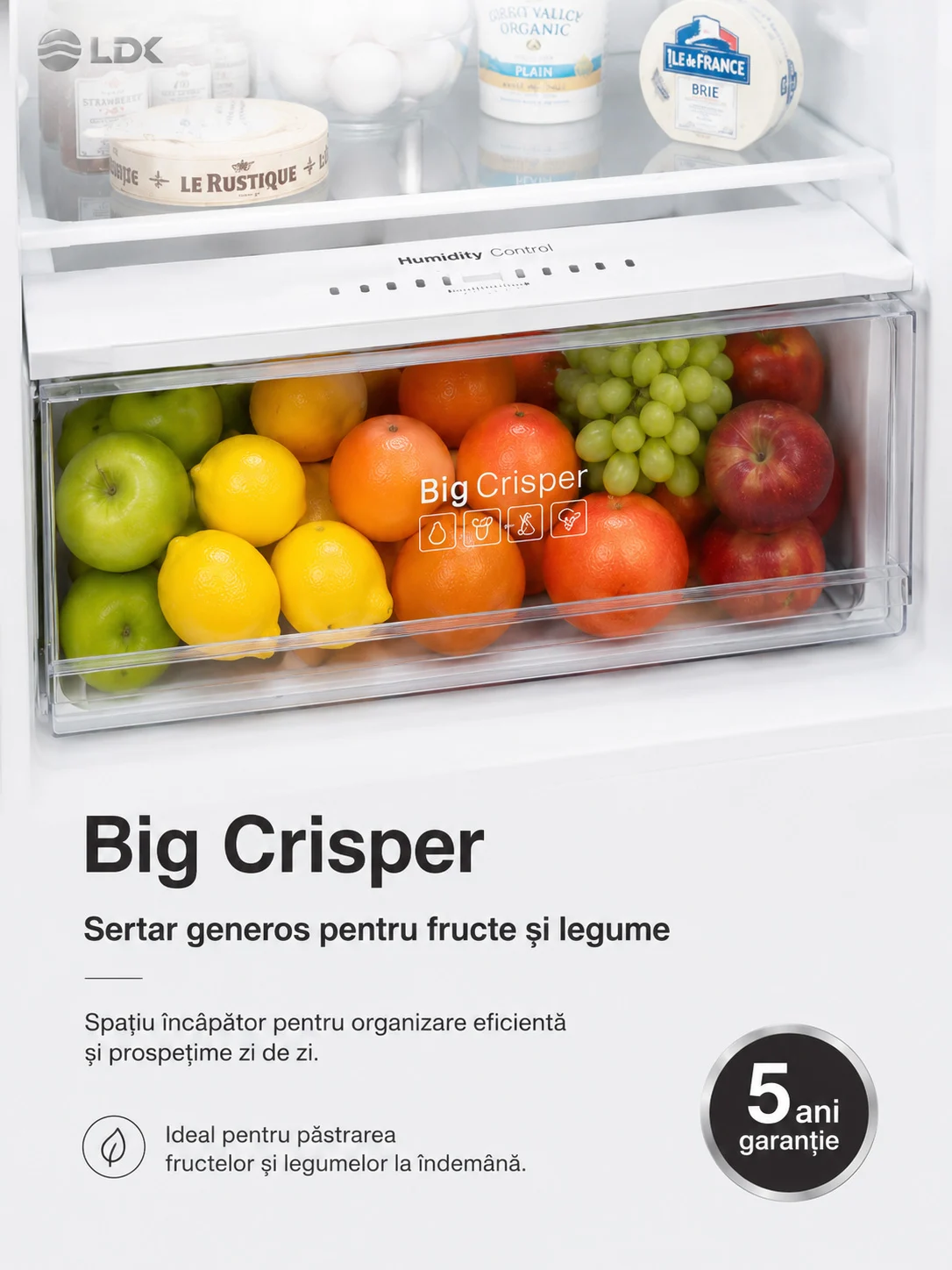 Big Crisper LDK CF-344NFDI W Combina frigorifica LDK CF-344NFDI W, Capacitate 344 l, No Frost, Control Touch, H 195 cm, Clasa E, Alb
