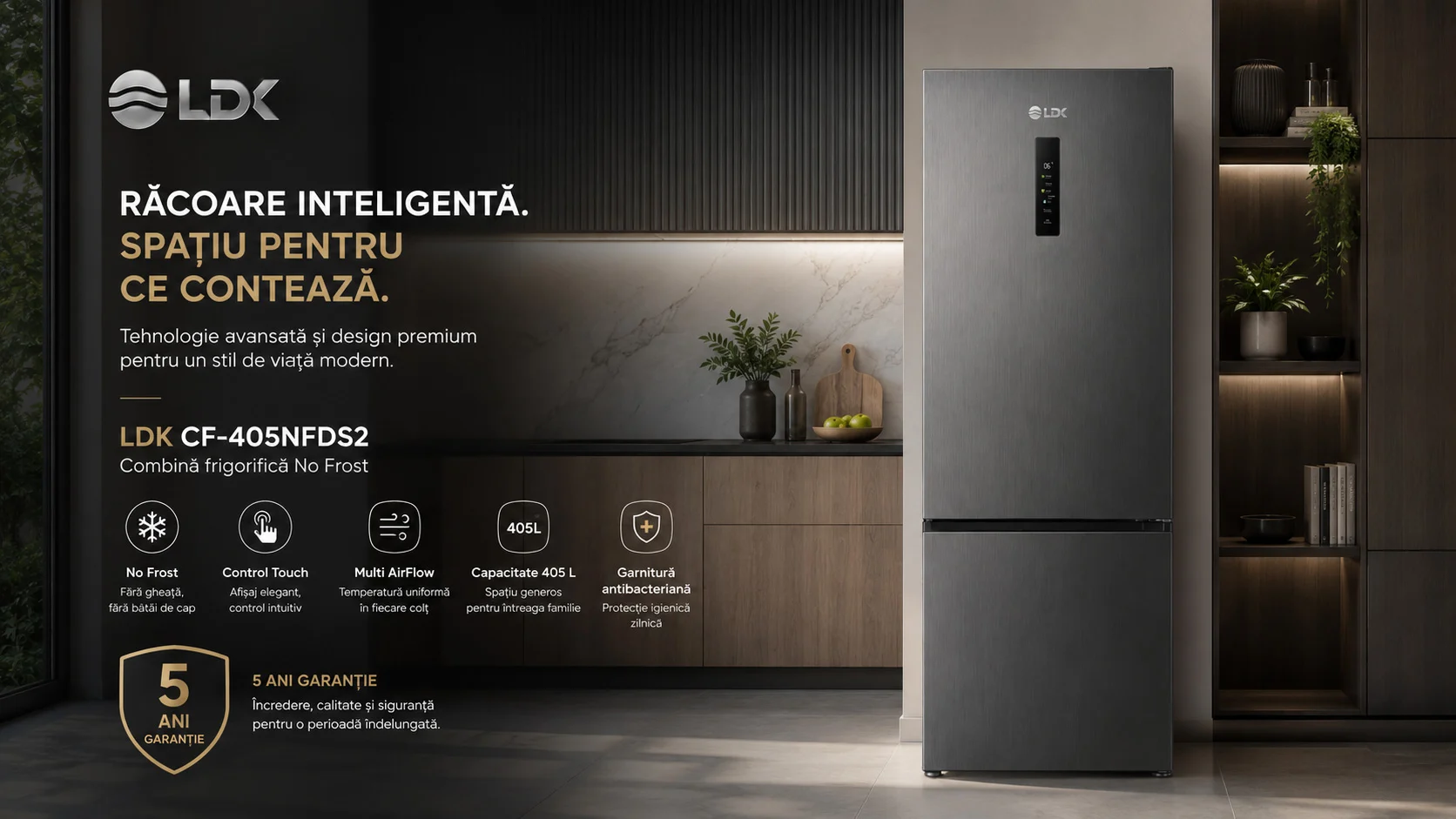 Combina frigorifica LDK CF-405NFDS2 Dark Inox 405 L Combina frigorifica LDK CF-405NFDS2, Capacitate 405 l, No Frost, Control Touch, Multi AirFlow, Cripser Box, Care+ Space, H 199 cm, Dark Inox