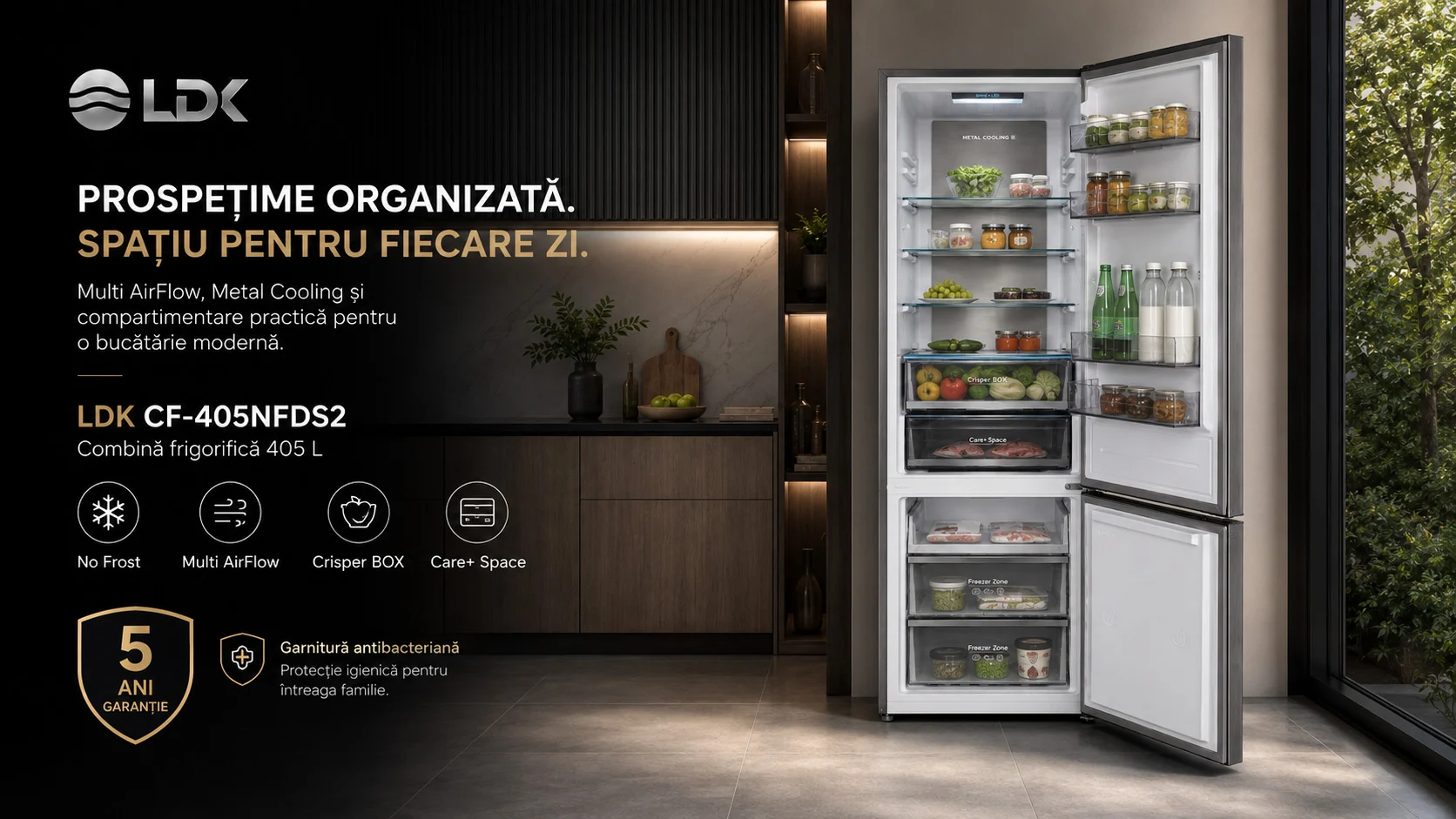 Garnitura antibacteriana combina frigorifica LDK CF-405NFDS2 Combina frigorifica LDK CF-405NFDS2, Capacitate 405 l, No Frost, Control Touch, Multi AirFlow, Cripser Box, Care+ Space, H 199 cm, Dark Inox