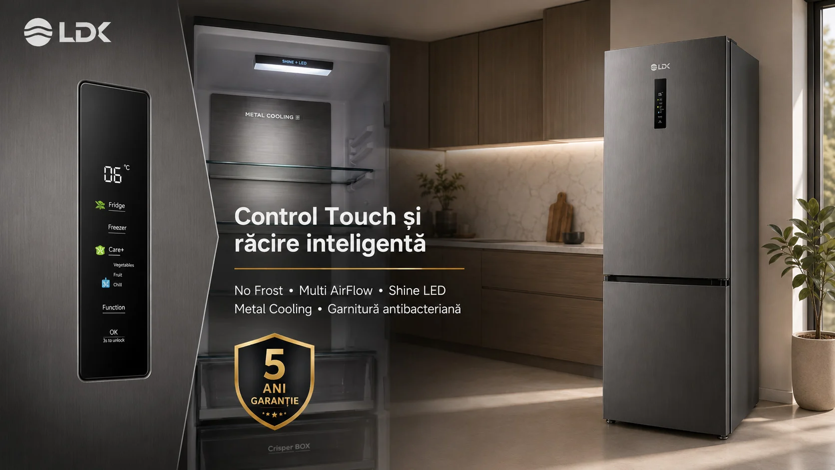 Control Touch si racire inteligenta LDK CF-405NFDS2 Combina frigorifica LDK CF-405NFDS2, Capacitate 405 l, No Frost, Control Touch, Multi AirFlow, Cripser Box, Care+ Space, H 199 cm, Dark Inox