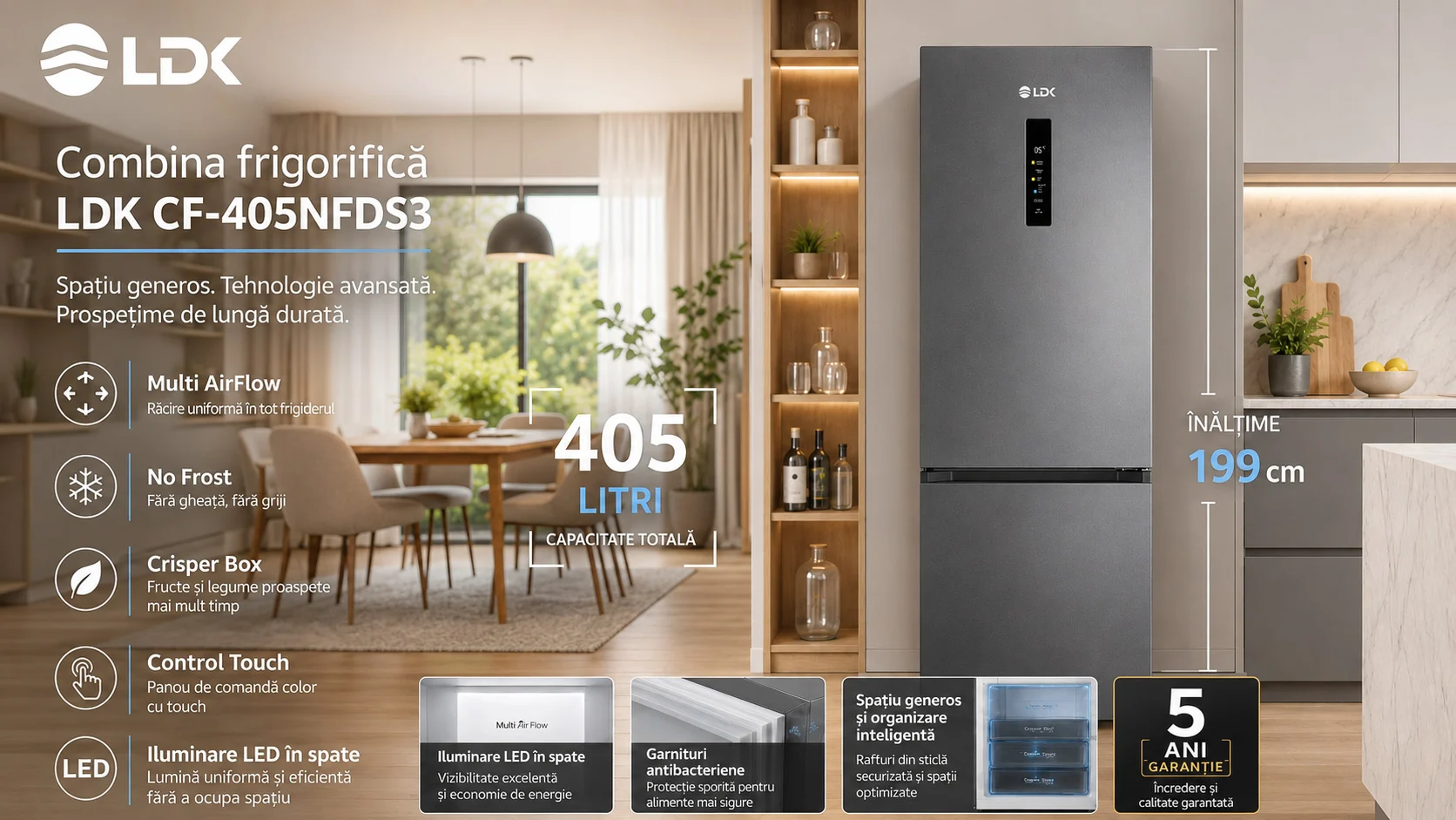 Combina frigorifica LDK CF-405NFDS3 Dark Inox 405 L Combina frigorifica LDK CF-405NFDS3, Capacitate 405 l, No Frost, Control Touch, Multi AirFlow, Cripser Box, H 199 cm, Dark Inox