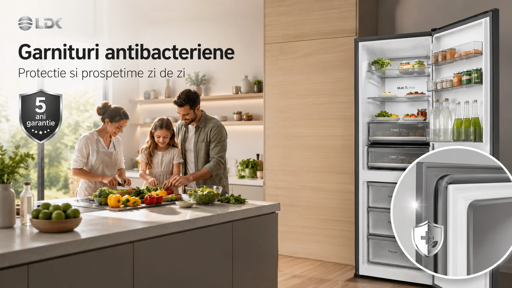 Garnituri antibacteriene combina frigorifica LDK CF-405NFDS3 Combina frigorifica LDK CF-405NFDS3, Capacitate 405 l, No Frost, Control Touch, Multi AirFlow, Cripser Box, H 199 cm, Dark Inox