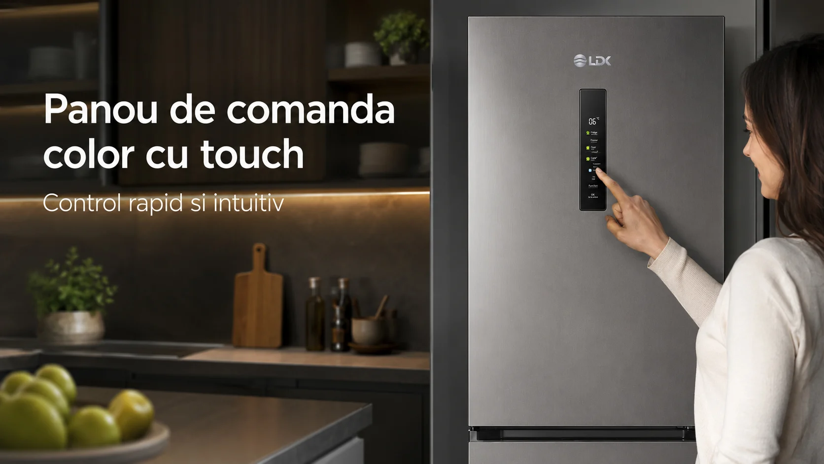 Panou de comanda color cu touch LDK CF-405NFDS3 Combina frigorifica LDK CF-405NFDS3, Capacitate 405 l, No Frost, Control Touch, Multi AirFlow, Cripser Box, H 199 cm, Dark Inox