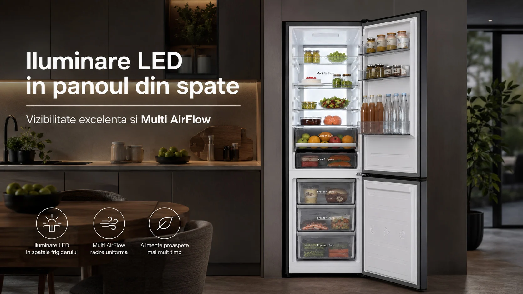 Iluminare LED in spate si Multi AirFlow LDK CF-405NFDS3 Combina frigorifica LDK CF-405NFDS3, Capacitate 405 l, No Frost, Control Touch, Multi AirFlow, Cripser Box, H 199 cm, Dark Inox