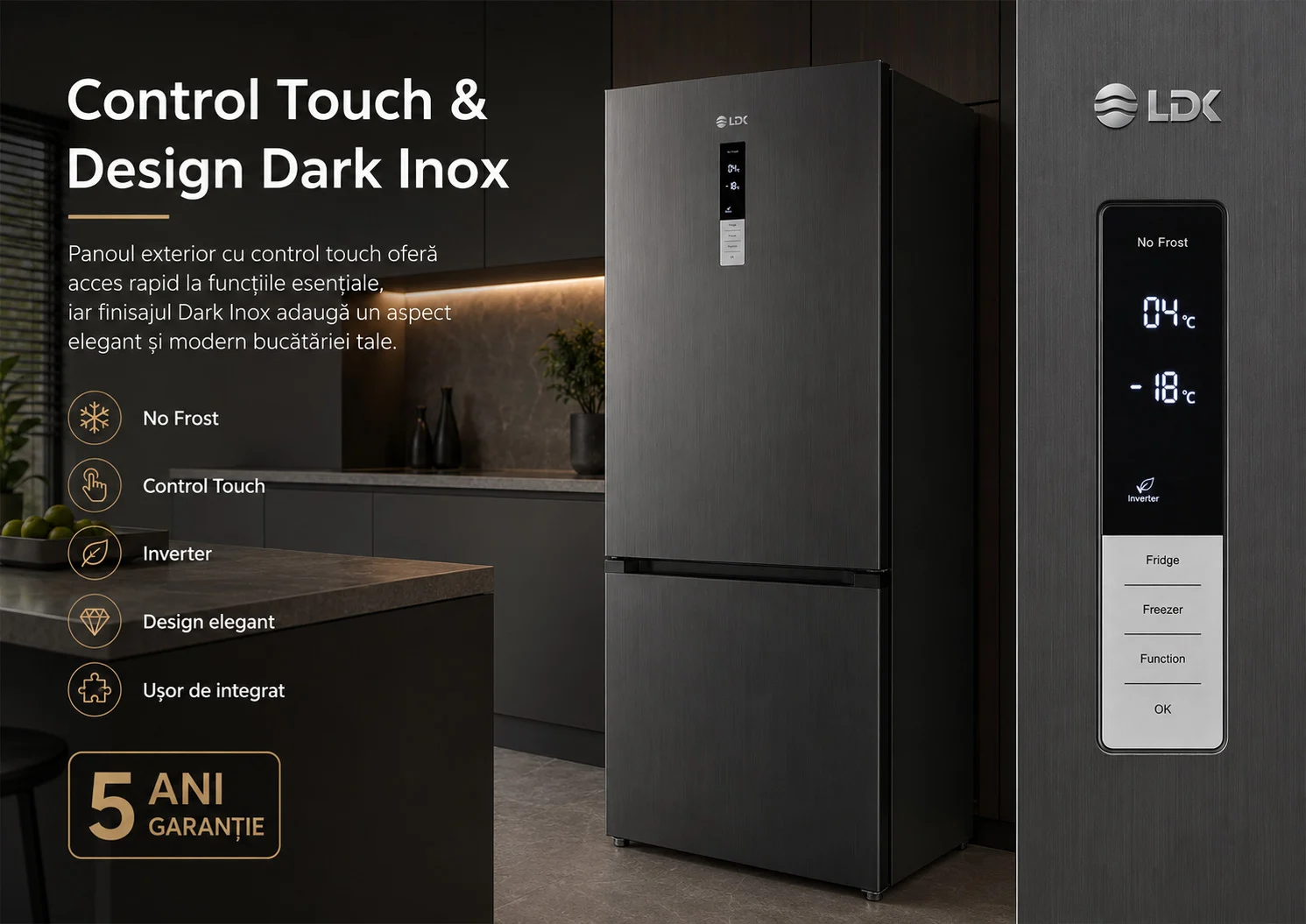 LDK CF-442NFDS - Control Touch si design Dark Inox Combina frigorifica LDK CF-442NFDS, Capacitate 442 l, Latime 70 cm, No Frost, Control Touch, MultiAir Flow, Rafturi Sticla, Crisper Box, H 186 cm, Clasa E, Dark Inox