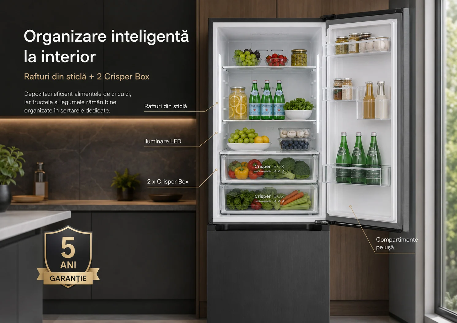 LDK CF-442NFDS - organizare interioara inteligenta Combina frigorifica LDK CF-442NFDS, Capacitate 442 l, Latime 70 cm, No Frost, Control Touch, MultiAir Flow, Rafturi Sticla, Crisper Box, H 186 cm, Clasa E, Dark Inox
