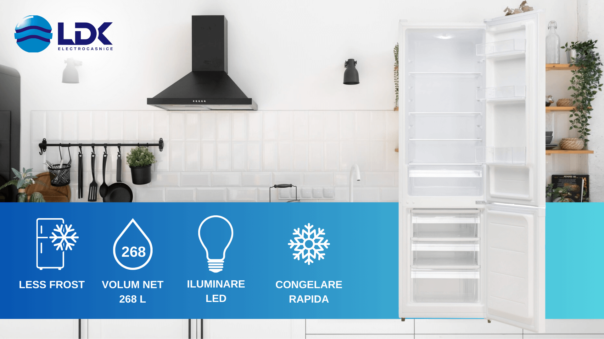 Combina frigorifica LDK CF-268W, Capacitate 268 l, Less frost, Termostat reglabil, Iluminare LED, H 180 cm, Alb