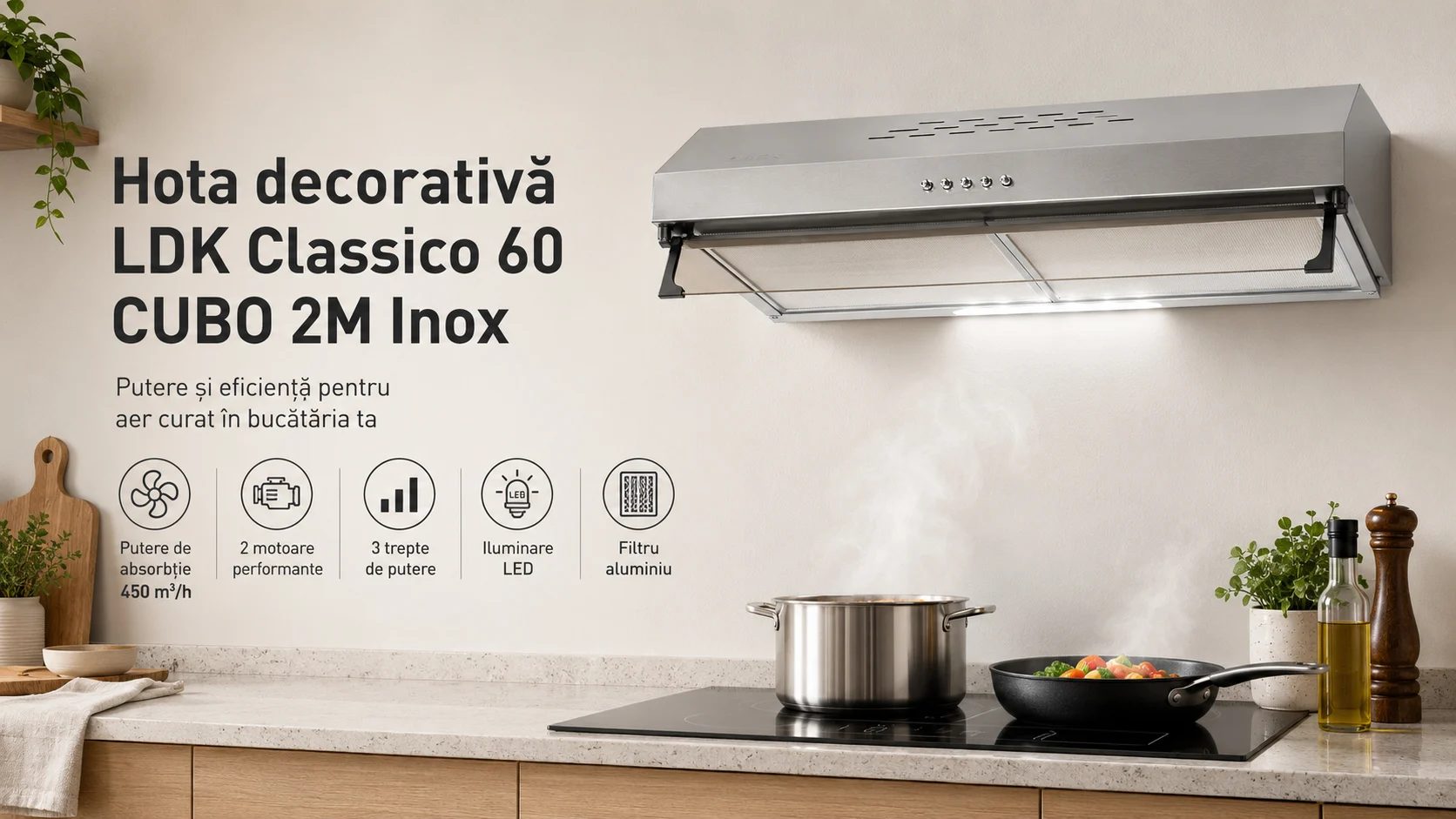 Hota decorativa LDK Classico 60 CUBO 2M X, Putere de absorbtie 450 m3/h, 3 trepte de putere, 2 motoare, Iluminare LED, Filtru aluminiu, 60 cm, Inox