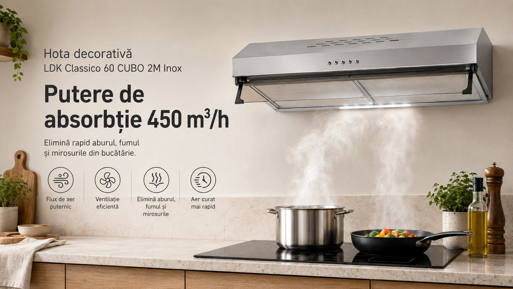 Hota decorativa LDK Classico 60 CUBO 2M X, Putere de absorbtie 450 m3/h, 3 trepte de putere, 2 motoare, Iluminare LED, Filtru aluminiu, 60 cm, Inox