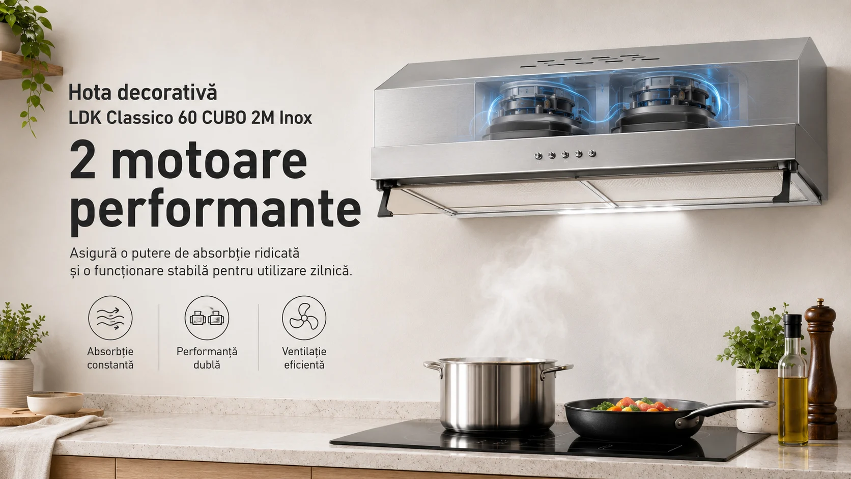Hota decorativa LDK Classico 60 CUBO 2M X, Putere de absorbtie 450 m3/h, 3 trepte de putere, 2 motoare, Iluminare LED, Filtru aluminiu, 60 cm, Inox