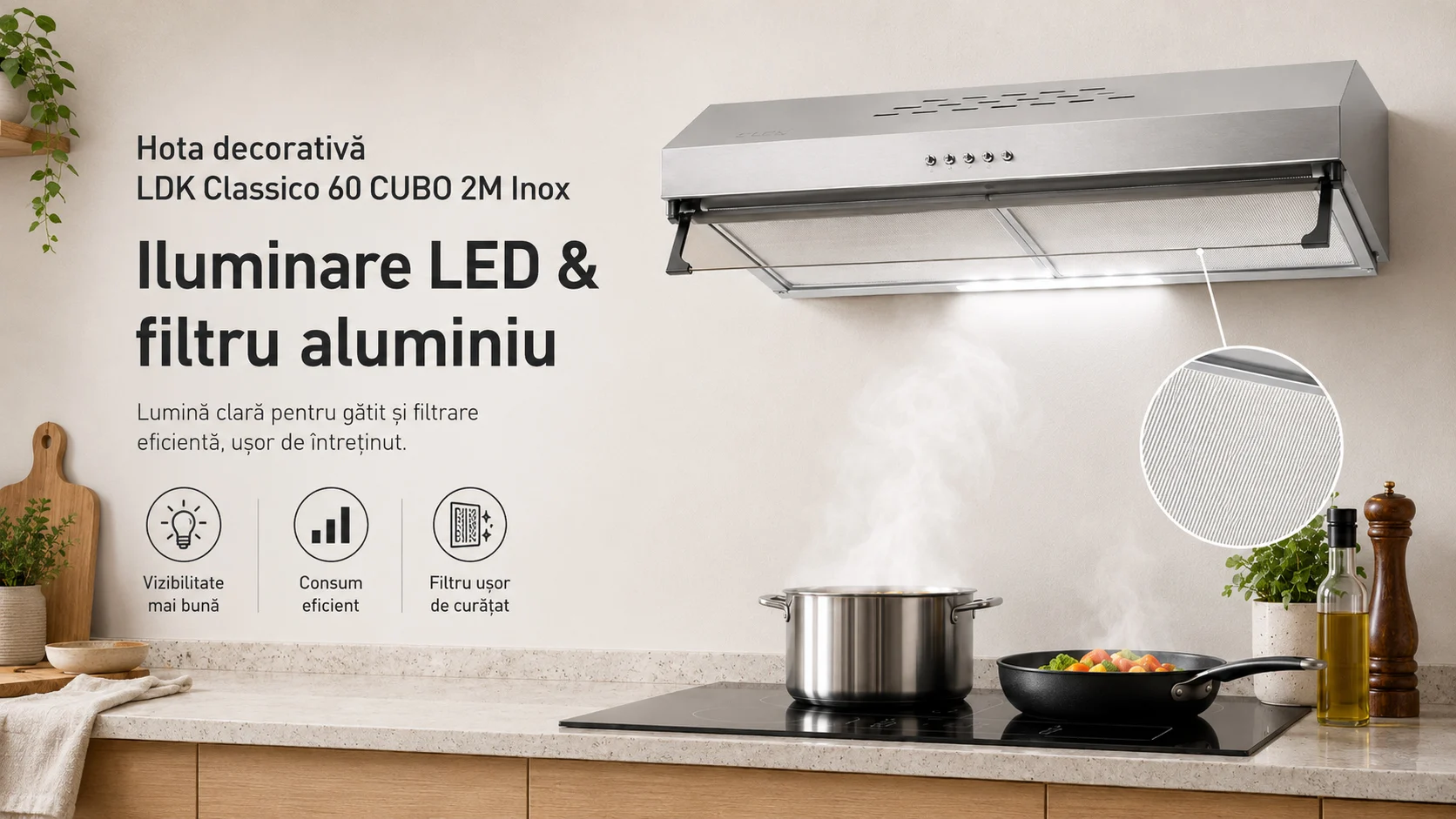 Hota decorativa LDK Classico 60 CUBO 2M X, Putere de absorbtie 450 m3/h, 3 trepte de putere, 2 motoare, Iluminare LED, Filtru aluminiu, 60 cm, Inox