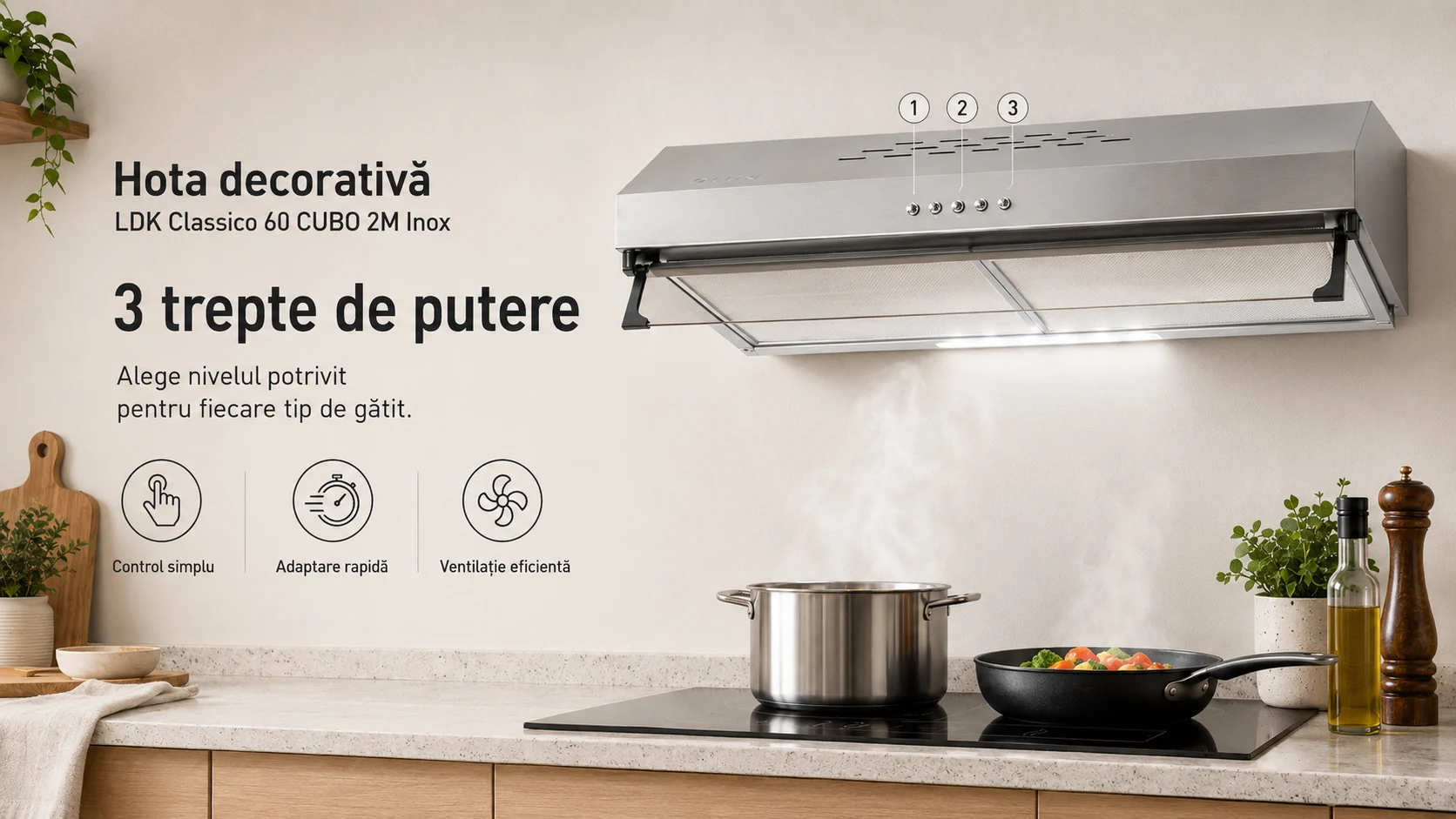 Hota decorativa LDK Classico 60 CUBO 2M X, Putere de absorbtie 450 m3/h, 3 trepte de putere, 2 motoare, Iluminare LED, Filtru aluminiu, 60 cm, Inox