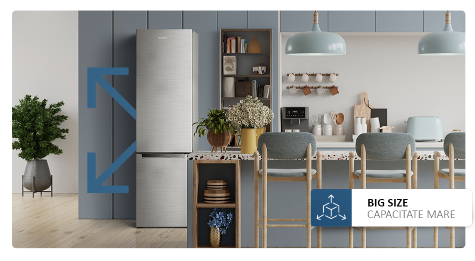 Combina Frigorifică Albatros CFX343E Inox – 280L, 4 Rafturi Sticlă, 3 Sertare Congelator, Clasa Energetică E, Dezghețare Automată, Uși Reversibile, Lumina LED, Picioare Reglabile