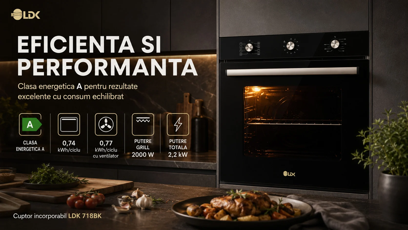 Cuptor incorporabil LDK 718BK, Clasa A, Capacitate 76 litri, 8 functii, Grill, Turbo, Dezghetare, Timer, Iluminare cuptor, Negru