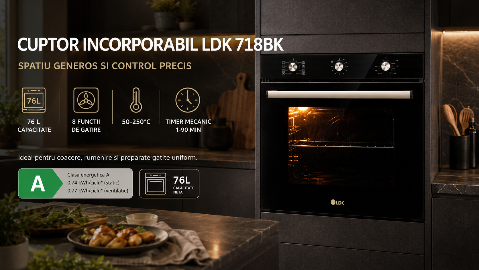 Cuptor incorporabil LDK 718BK, Clasa A, Capacitate 76 litri, 8 functii, Grill, Turbo, Dezghetare, Timer, Iluminare cuptor, Negru