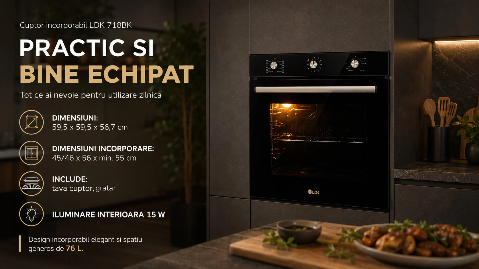 Cuptor incorporabil LDK 718BK, Clasa A, Capacitate 76 litri, 8 functii, Grill, Turbo, Dezghetare, Timer, Iluminare cuptor, Negru