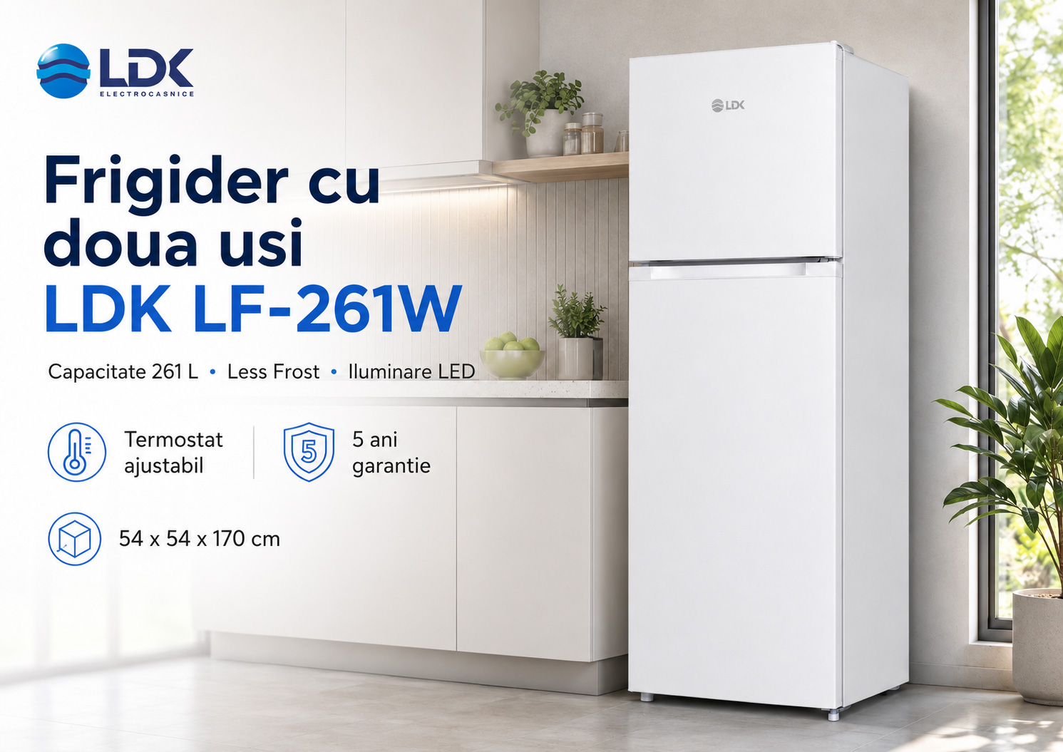 Frigider cu doua usi LDK LF-261W alb 261 L Frigider cu doua usi LDK LF-261W, Capacitate 261 l, Less Frost, Termostat ajustabil, Iluminare LED, H 170 cm, Alb