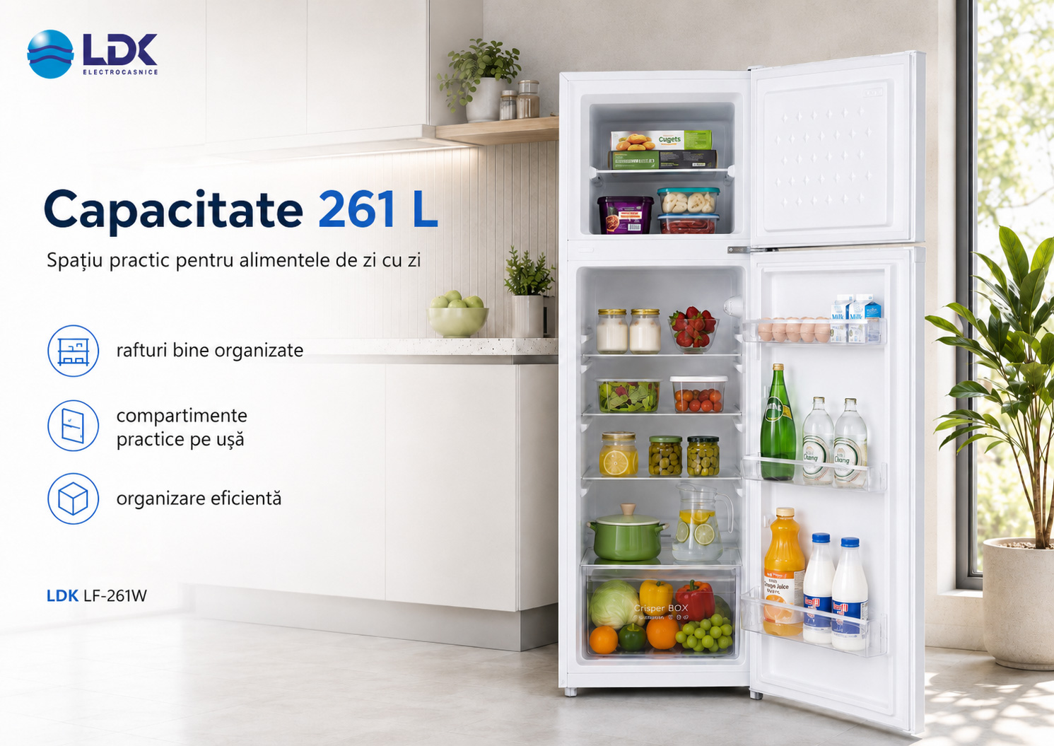 Interior frigider LDK LF-261W capacitate 261 L Frigider cu doua usi LDK LF-261W, Capacitate 261 l, Less Frost, Termostat ajustabil, Iluminare LED, H 170 cm, Alb