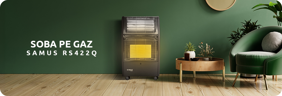 Soba pe Gaz și Quartz Samus RS422Q, 4.2 kW, 3 Trepte Putere, GPL, Aprindere Piezoelectrică, Senzori de Siguranță, Mobilă pe Roți