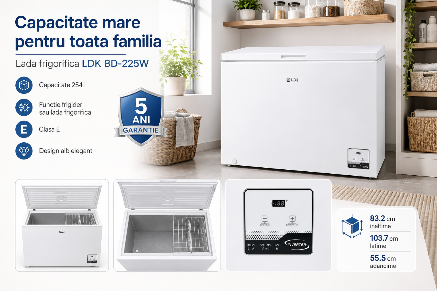 Lada frigorifica LDK BD-225W - Capacitate 254 litri si 5 ani garantie Lada frigorifica LDK BD-225W, Clasa E, Capacitate 254 l, Display, Congelare rapida, Termostat ajustabil, Inverter, Functie frigider, Alb