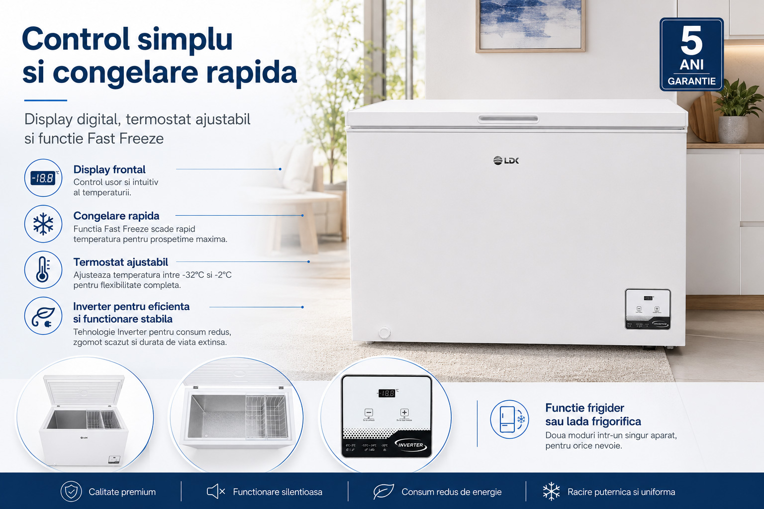 LDK BD-225W - Display digital, congelare rapida si Inverter Lada frigorifica LDK BD-225W, Clasa E, Capacitate 254 l, Display, Congelare rapida, Termostat ajustabil, Inverter, Functie frigider, Alb