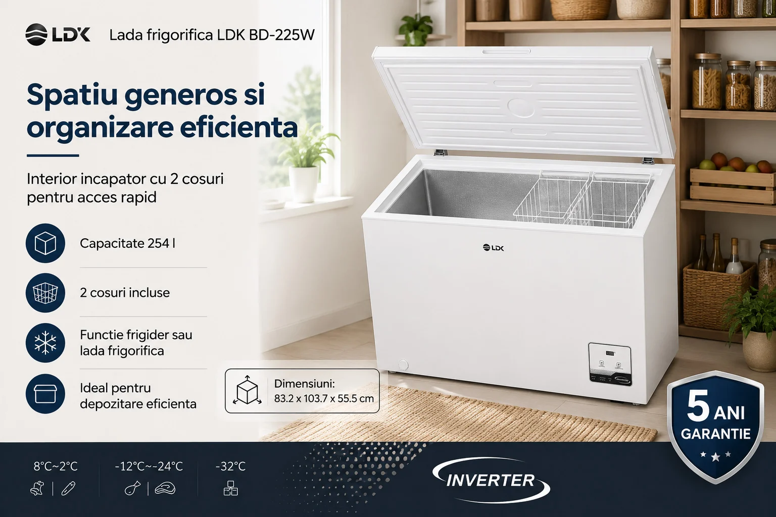 LDK BD-225W - Interior spatios cu doua cosuri incluse Lada frigorifica LDK BD-225W, Clasa E, Capacitate 254 l, Display, Congelare rapida, Termostat ajustabil, Inverter, Functie frigider, Alb