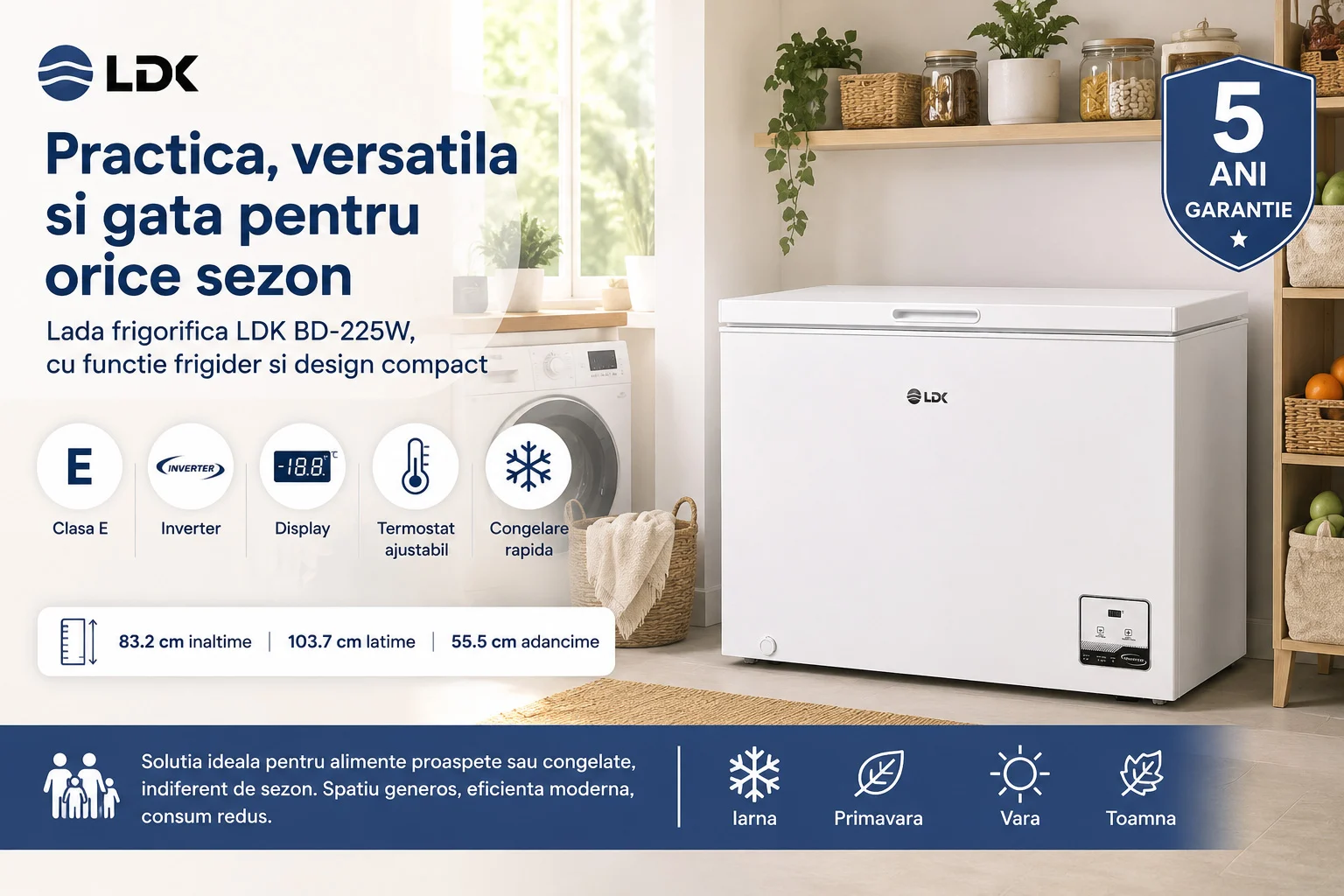 LDK BD-225W - Lada frigorifica versatila cu functie frigider Lada frigorifica LDK BD-225W, Clasa E, Capacitate 254 l, Display, Congelare rapida, Termostat ajustabil, Inverter, Functie frigider, Alb