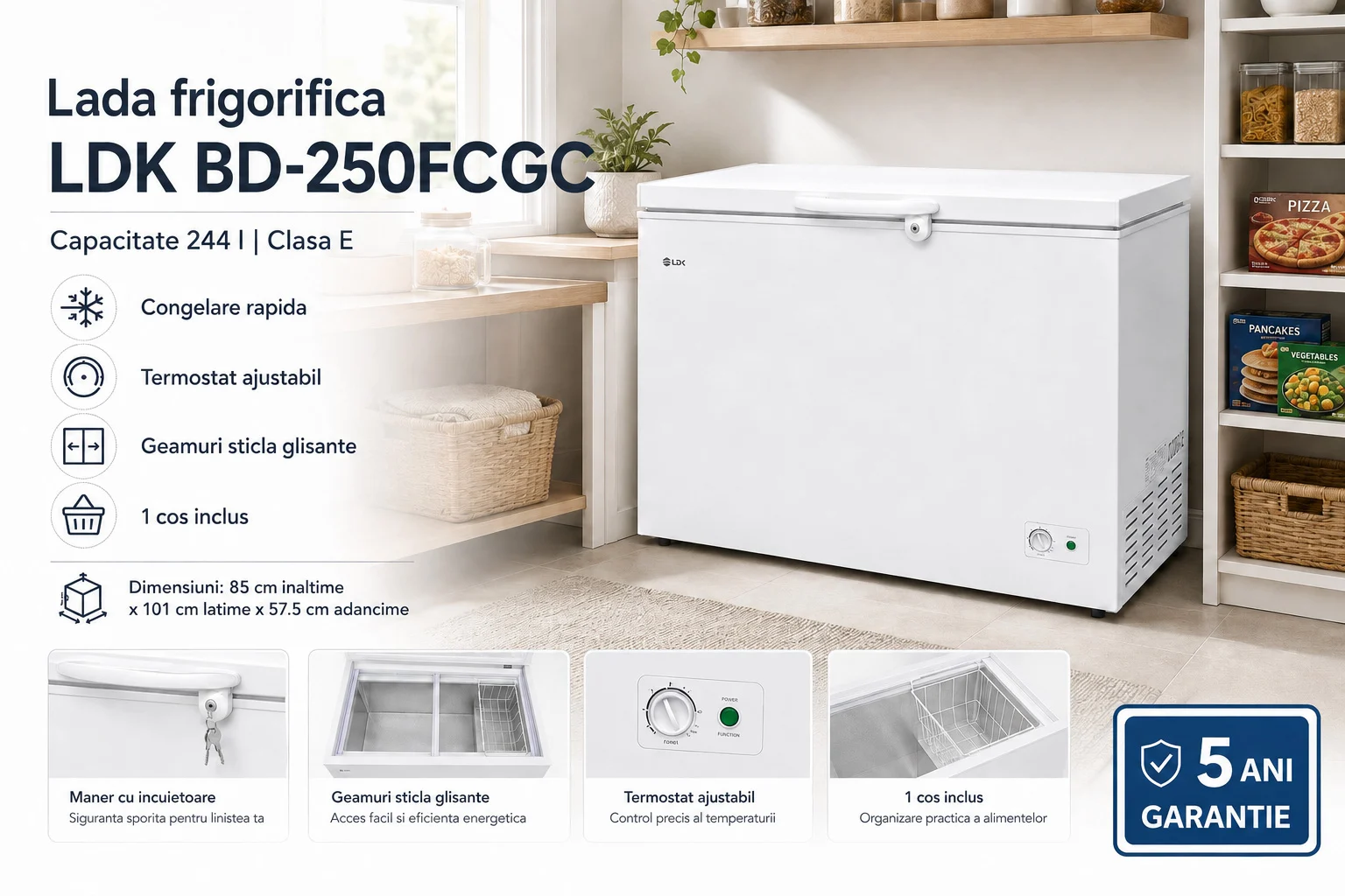 Lada frigorifica LDK BD-250FCGC, 244 l, clasa E, 5 ani garantie Lada frigorifica LDK BD-250FCGC, Clasa E, Capacitate 244 l, Congelare rapida, Termostat ajustabil, Alb