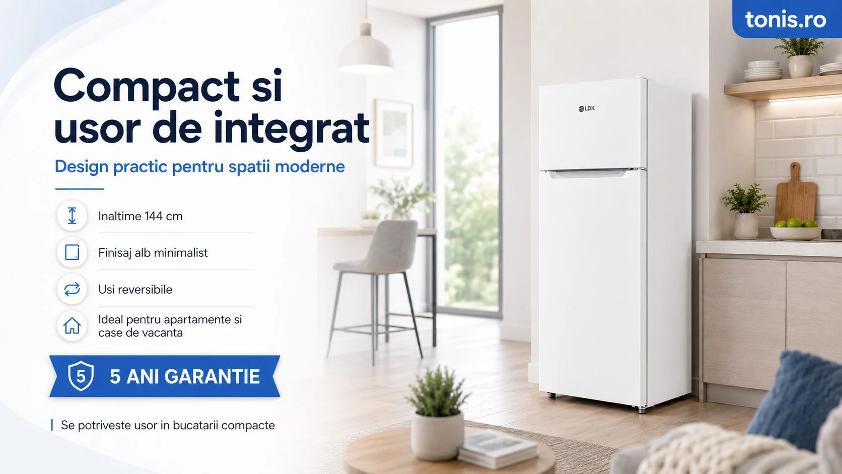 LDK LF 220W compact si usor de integrat Frigider cu doua usi LDK LF 220W, Clasa E, Capacitate 211 l, H 144 cm, Alb