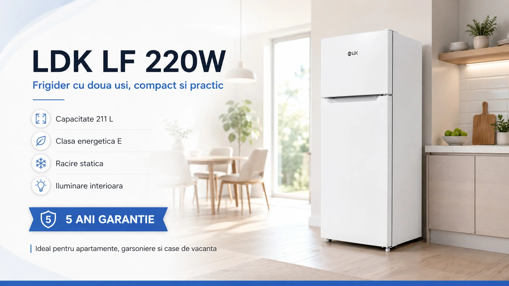 Frigider cu doua usi LDK LF 220W compact si practic Frigider cu doua usi LDK LF 220W, Clasa E, Capacitate 211 l, H 144 cm, Alb