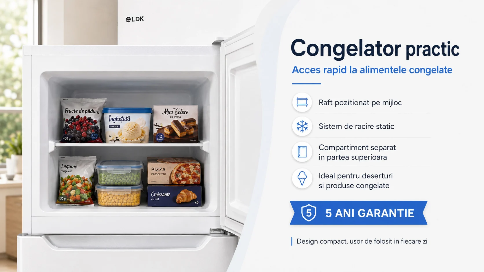 Congelator practic LDK LF 220W Frigider cu doua usi LDK LF 220W, Clasa E, Capacitate 211 l, H 144 cm, Alb