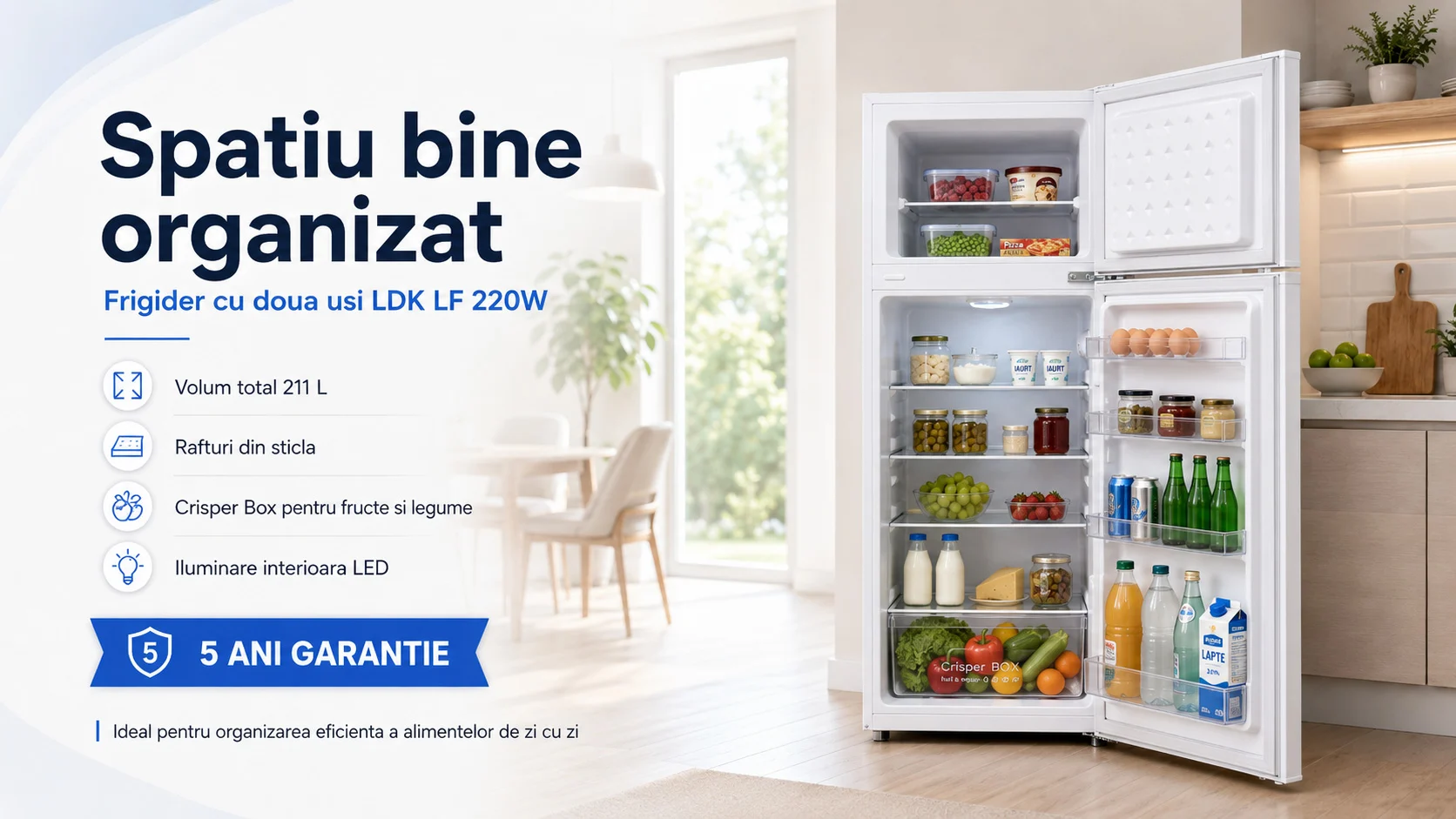 Spatiu bine organizat LDK LF 220W Frigider cu doua usi LDK LF 220W, Clasa E, Capacitate 211 l, H 144 cm, Alb