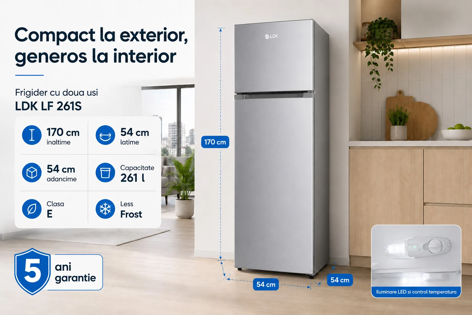 Frigider cu doua usi LDK LF 261S Frigider cu doua usi LDK LF 261S, Clasa E, Capacitate 261 l, Less Frost, Termostat ajustabil, Iluminare LED, H 170 cm, Argintiu