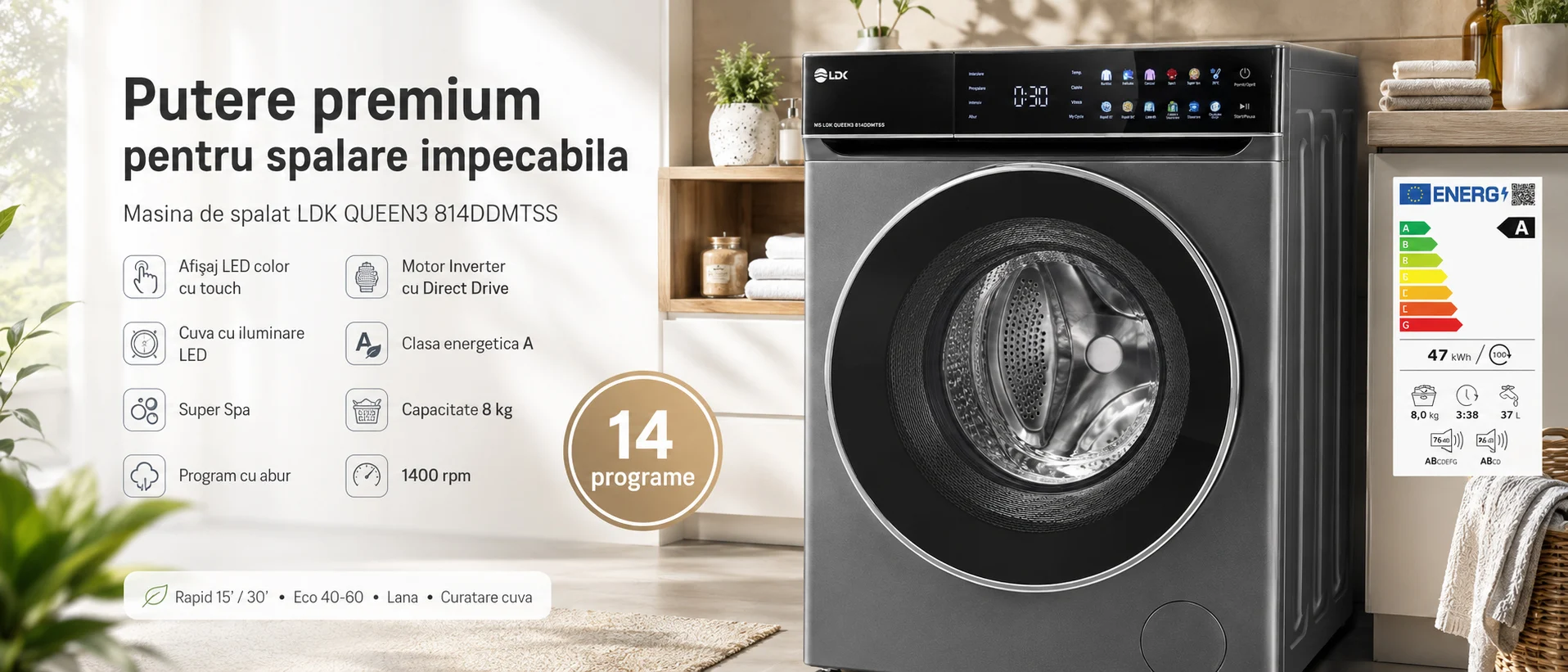 Masina de spalat rufe LDK Queen3 814DDMTSS, Clasa A, Capacitate 8 Kg, 1400 rpm, 14 programe, Control Touch, Steam, Super Spa, My Cycle, Amanare pornire, Prespalare, Intensiv, Motor Inverter Direct Drive, Argintiu