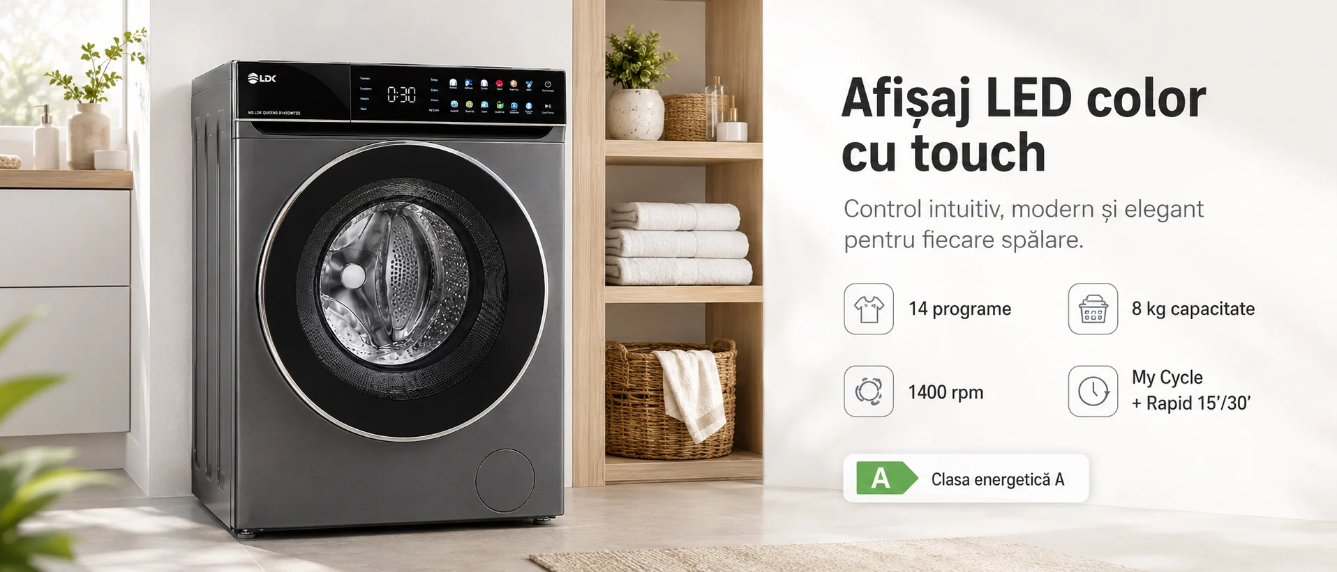 Masina de spalat rufe LDK Queen3 814DDMTSS, Clasa A, Capacitate 8 Kg, 1400 rpm, 14 programe, Control Touch, Steam, Super Spa, My Cycle, Amanare pornire, Prespalare, Intensiv, Motor Inverter Direct Drive, Argintiu