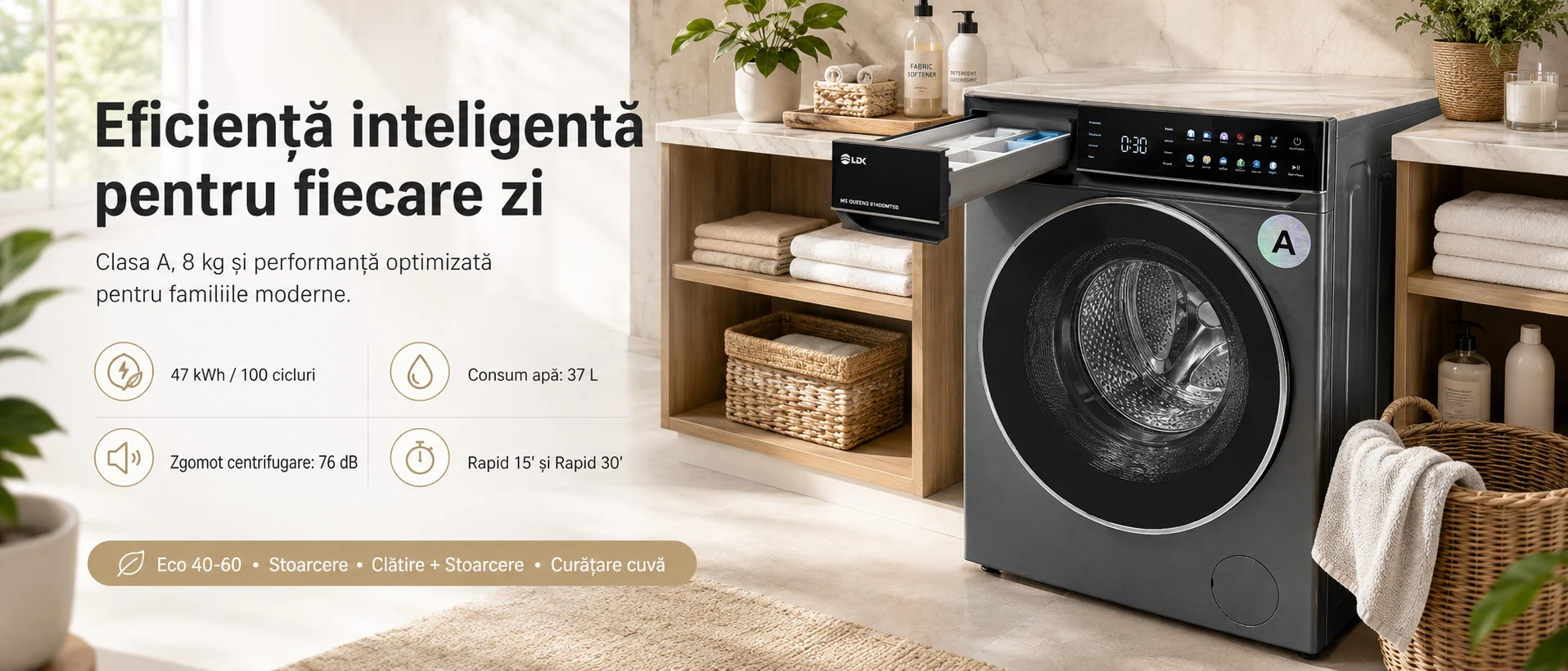 Masina de spalat rufe LDK Queen3 814DDMTSS, Clasa A, Capacitate 8 Kg, 1400 rpm, 14 programe, Control Touch, Steam, Super Spa, My Cycle, Amanare pornire, Prespalare, Intensiv, Motor Inverter Direct Drive, Argintiu