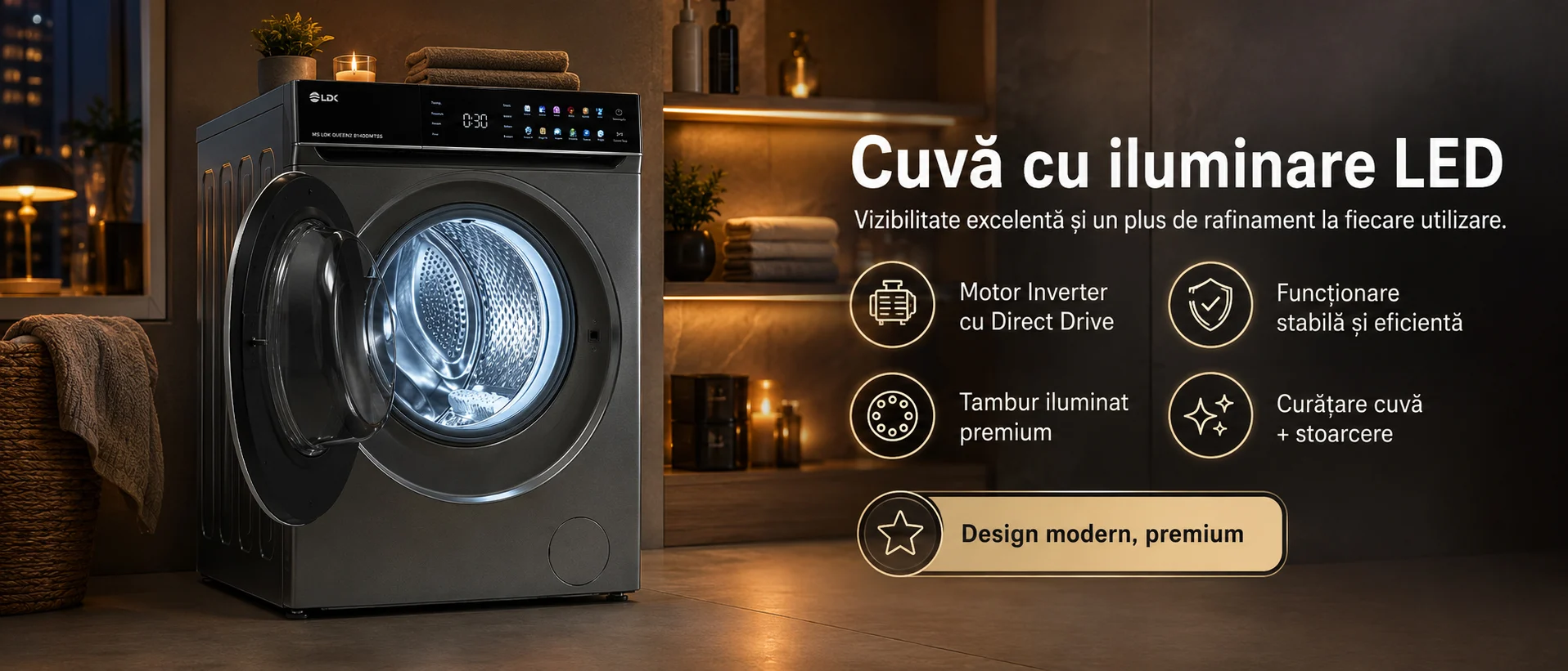 Masina de spalat rufe LDK Queen3 814DDMTSS, Clasa A, Capacitate 8 Kg, 1400 rpm, 14 programe, Control Touch, Steam, Super Spa, My Cycle, Amanare pornire, Prespalare, Intensiv, Motor Inverter Direct Drive, Argintiu