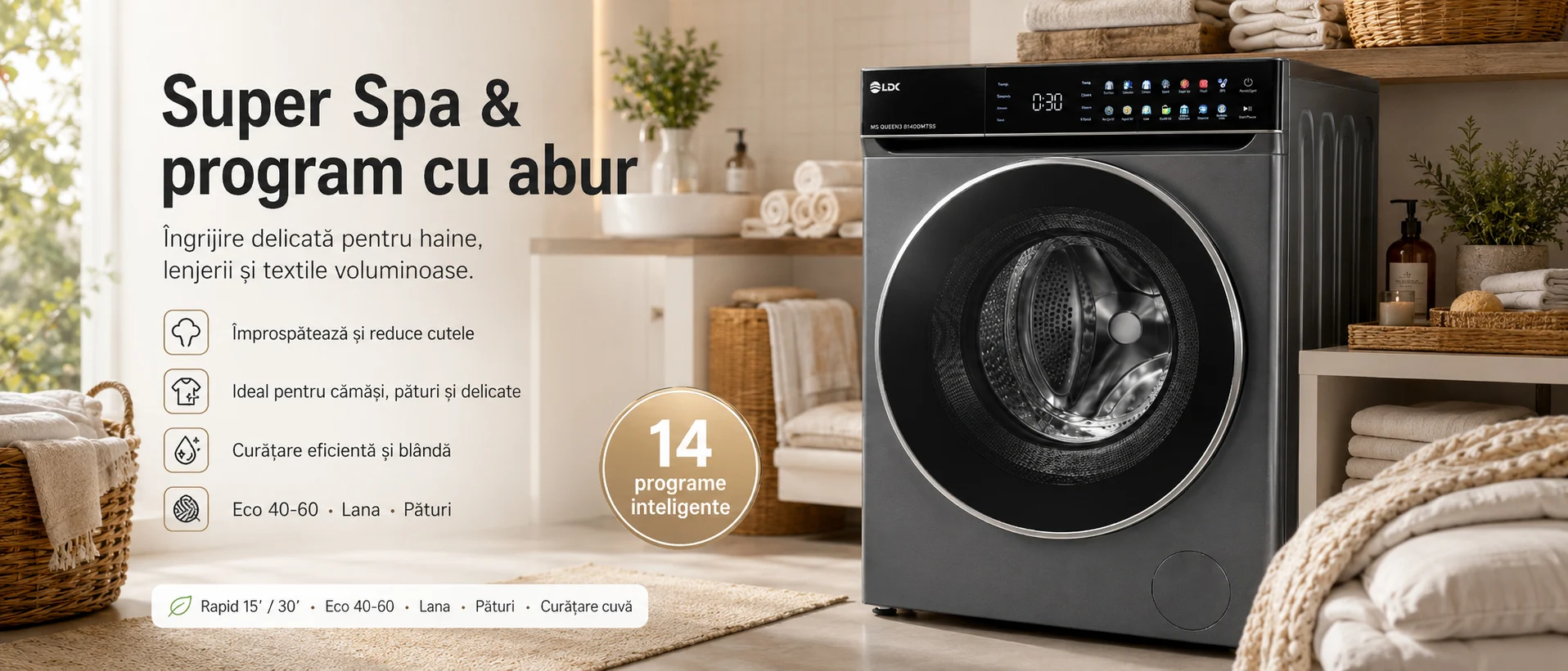 Masina de spalat rufe LDK Queen3 814DDMTSS, Clasa A, Capacitate 8 Kg, 1400 rpm, 14 programe, Control Touch, Steam, Super Spa, My Cycle, Amanare pornire, Prespalare, Intensiv, Motor Inverter Direct Drive, Argintiu