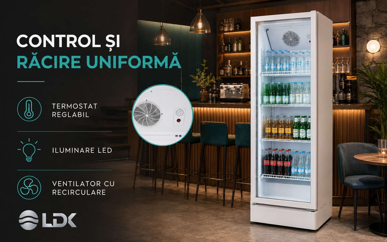 LDK VF300W - Termostat reglabil, iluminare LED si ventilator cu recirculare Vitrina frigorifica LDK VF300W, Clasa B, Capacitate 300 l, Termostat reglabil, Rafturi reglabile, Iluminare LED, H 169 cm, Alb
