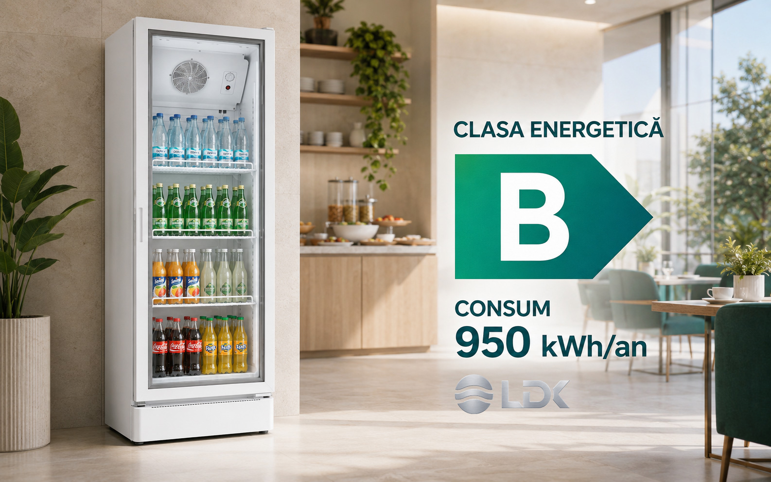 LDK VF300W - Rafturi reglabile pentru organizare flexibila Vitrina frigorifica LDK VF300W, Clasa B, Capacitate 300 l, Termostat reglabil, Rafturi reglabile, Iluminare LED, H 169 cm, Alb