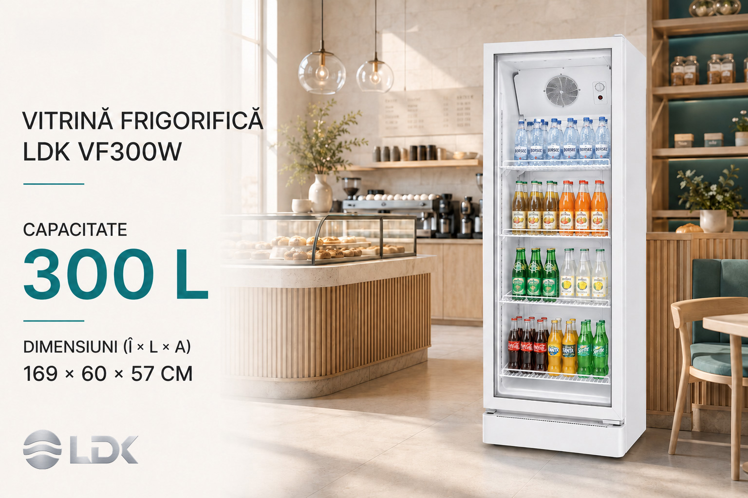 Vitrina frigorifica LDK VF300W - Capacitate 300 litri Vitrina frigorifica LDK VF300W, Clasa B, Capacitate 300 l, Termostat reglabil, Rafturi reglabile, Iluminare LED, H 169 cm, Alb