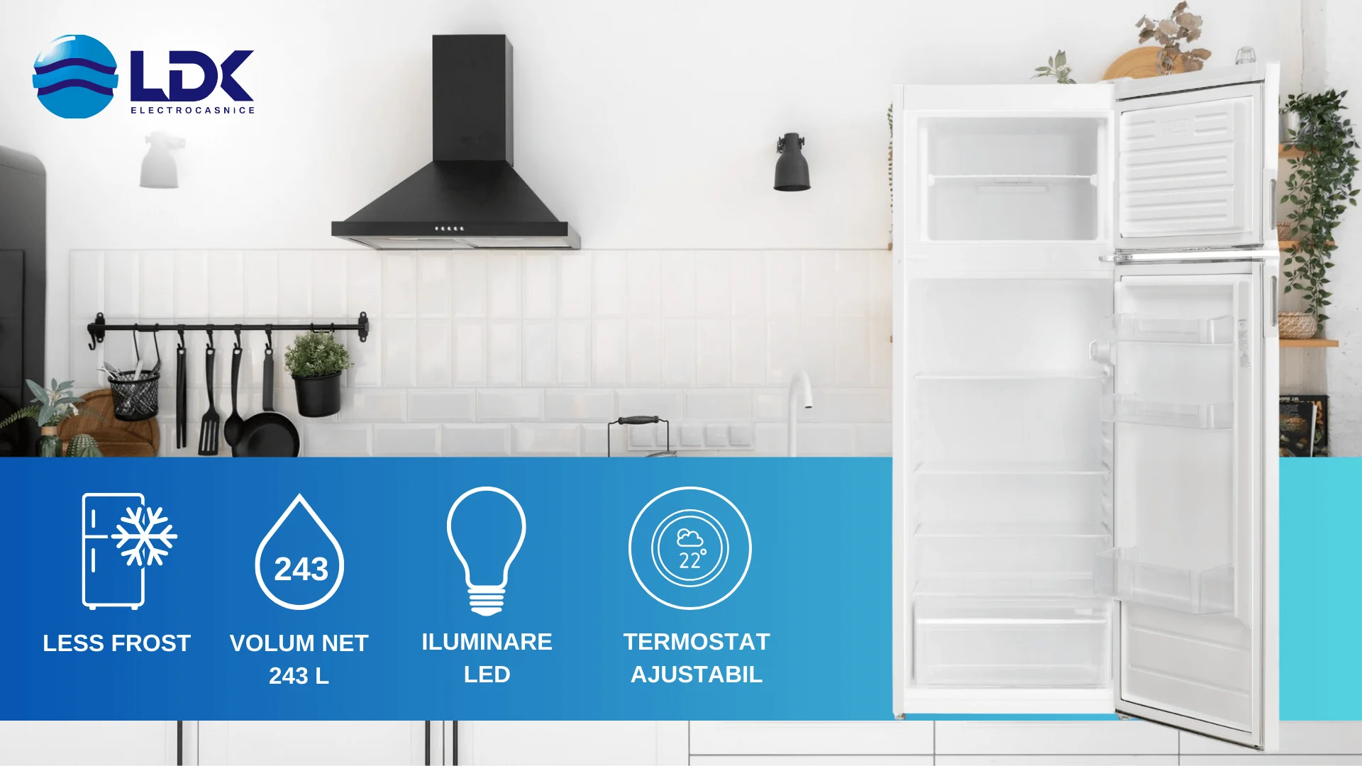 Frigider cu doua usi LDK LF-220EW, Capacitate 213 l, Less Frost, Termostat ajustabil, Iluminare LED, H 144 cm, Alb