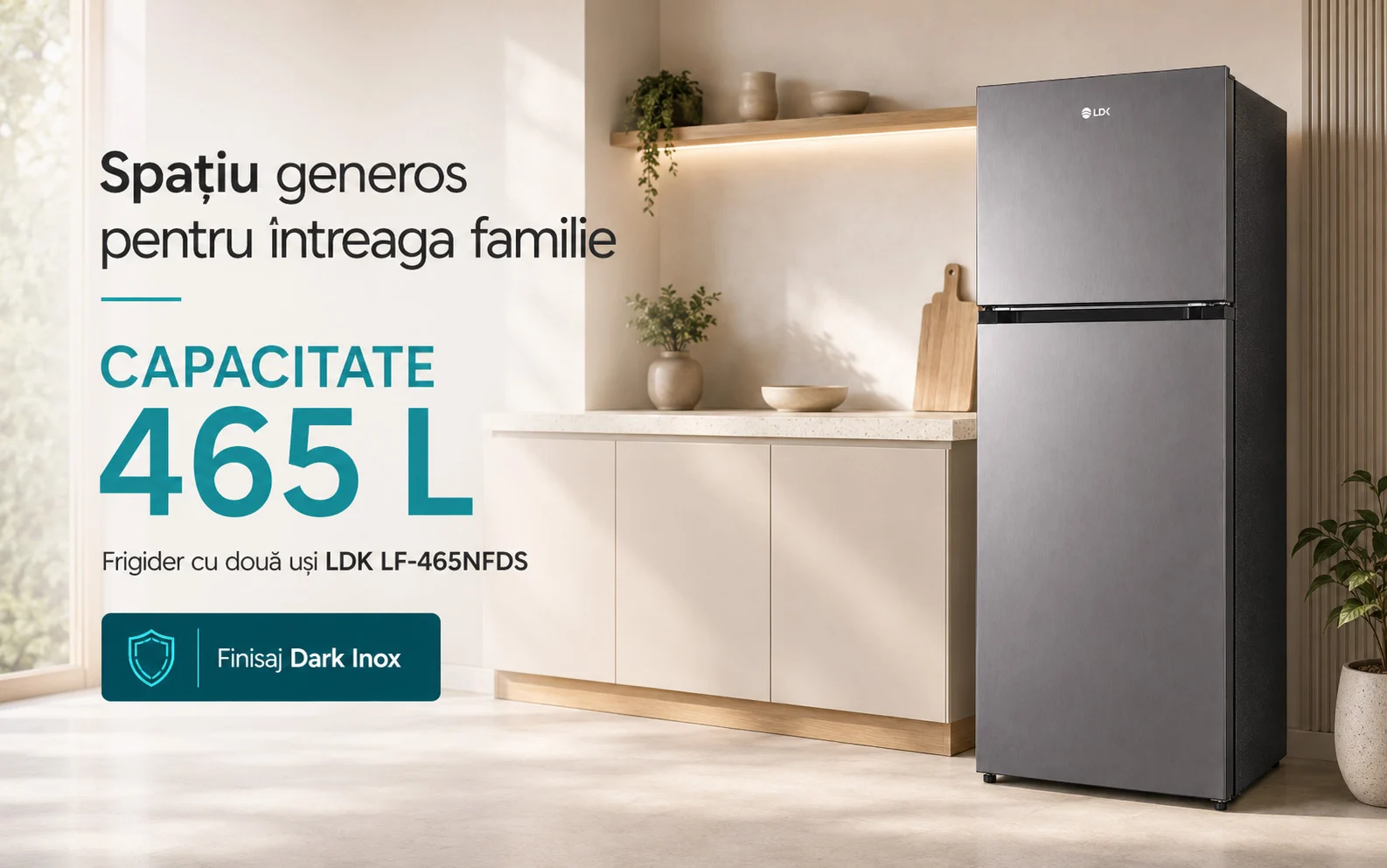 Frigider cu doua usi LDK LF-465NFDS, capacitate 465 litri, Dark Inox Frigider cu doua usi LDK LF-465NFDS, Capacitate 465 l, No Frost, Multi AirFlow, Crisper Box, Termostat ajustabil, H 186 cm, Clasa E, Dark Inox